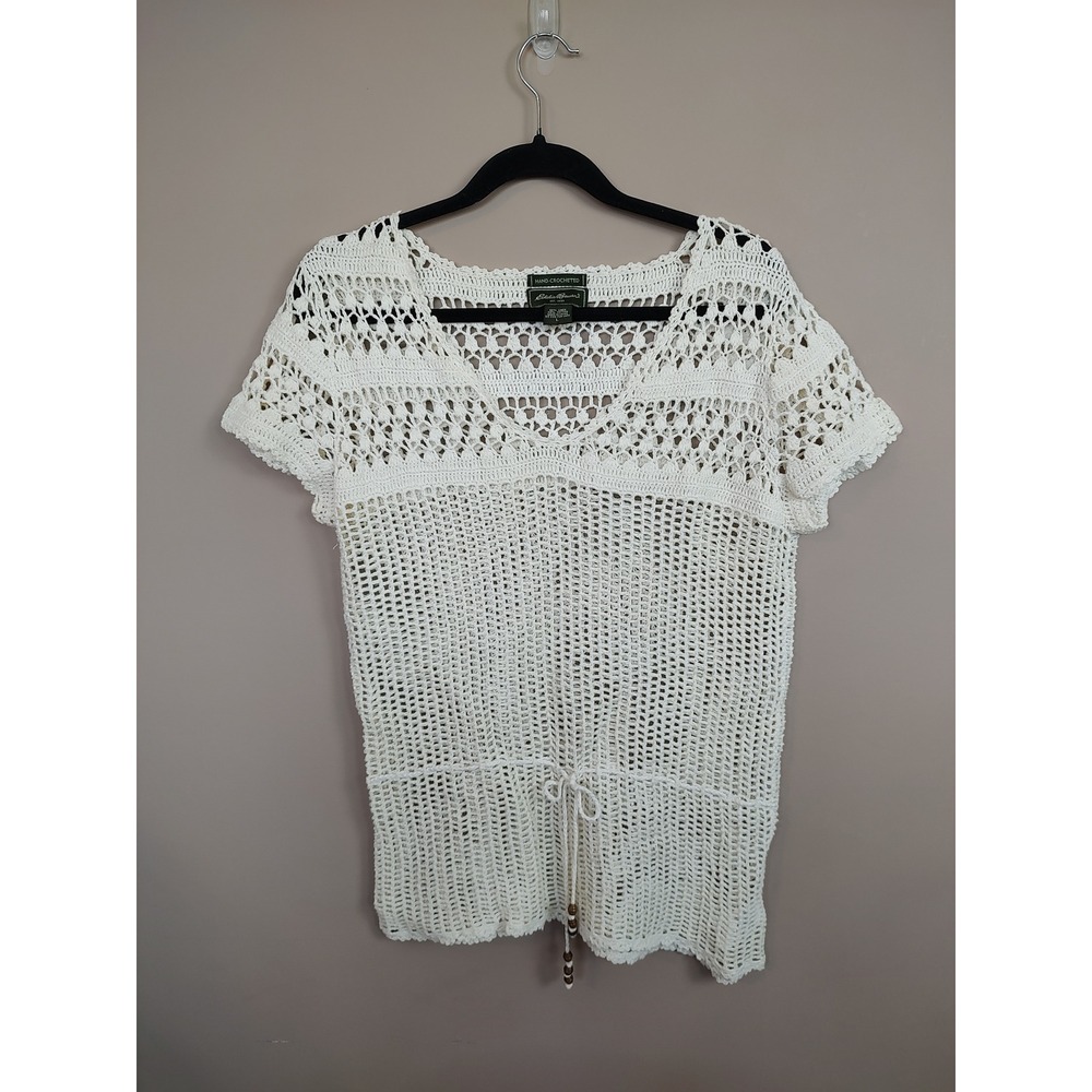 Eddie Bauer Hand Crocheted Linen Cotton Top Cream V-Neck Drawstring Waist Large